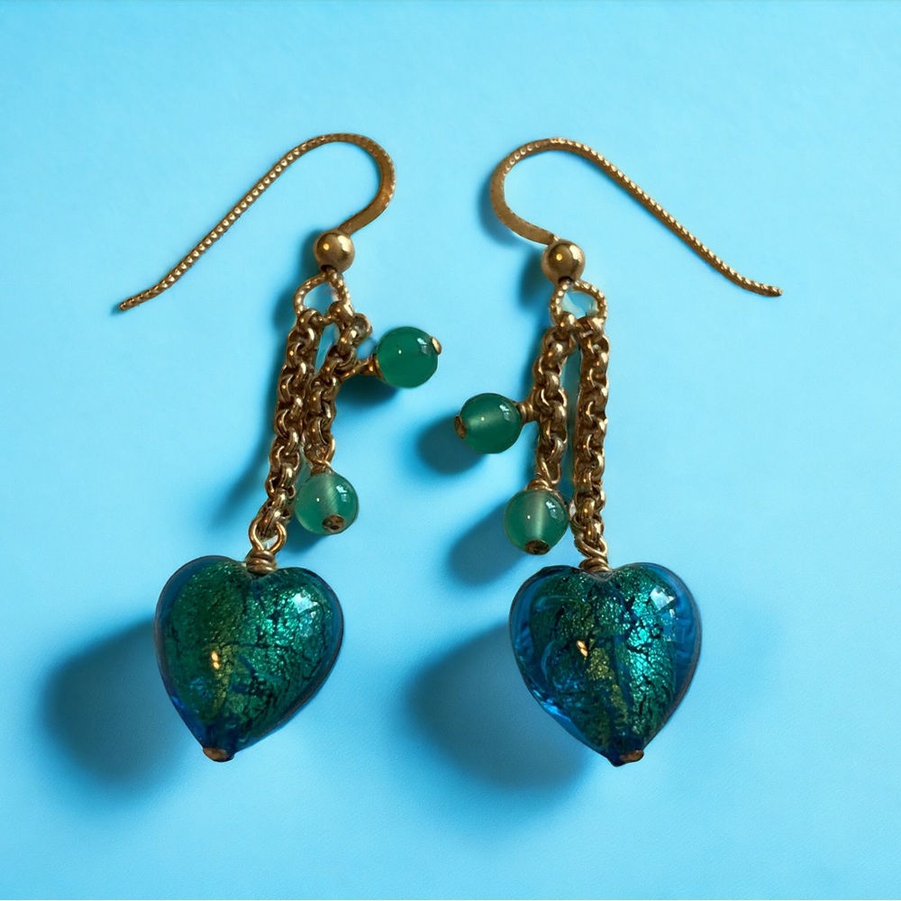 14k gold plated art glass earrings. Mermaid blue hearts dangle with accent beads